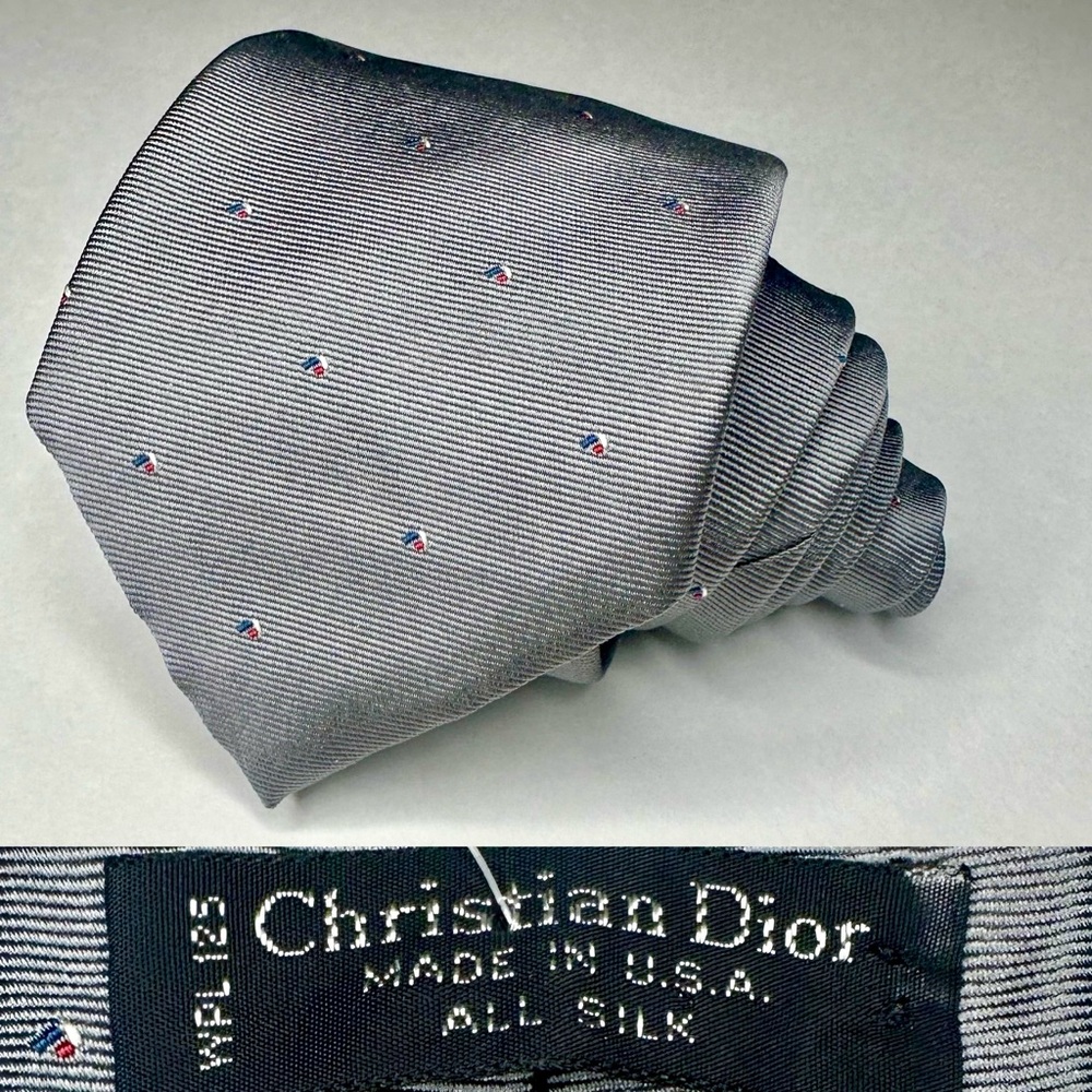 Vintage DIOR Gray Silk Embroidered Classic Geometric Dotted Tie, 3”